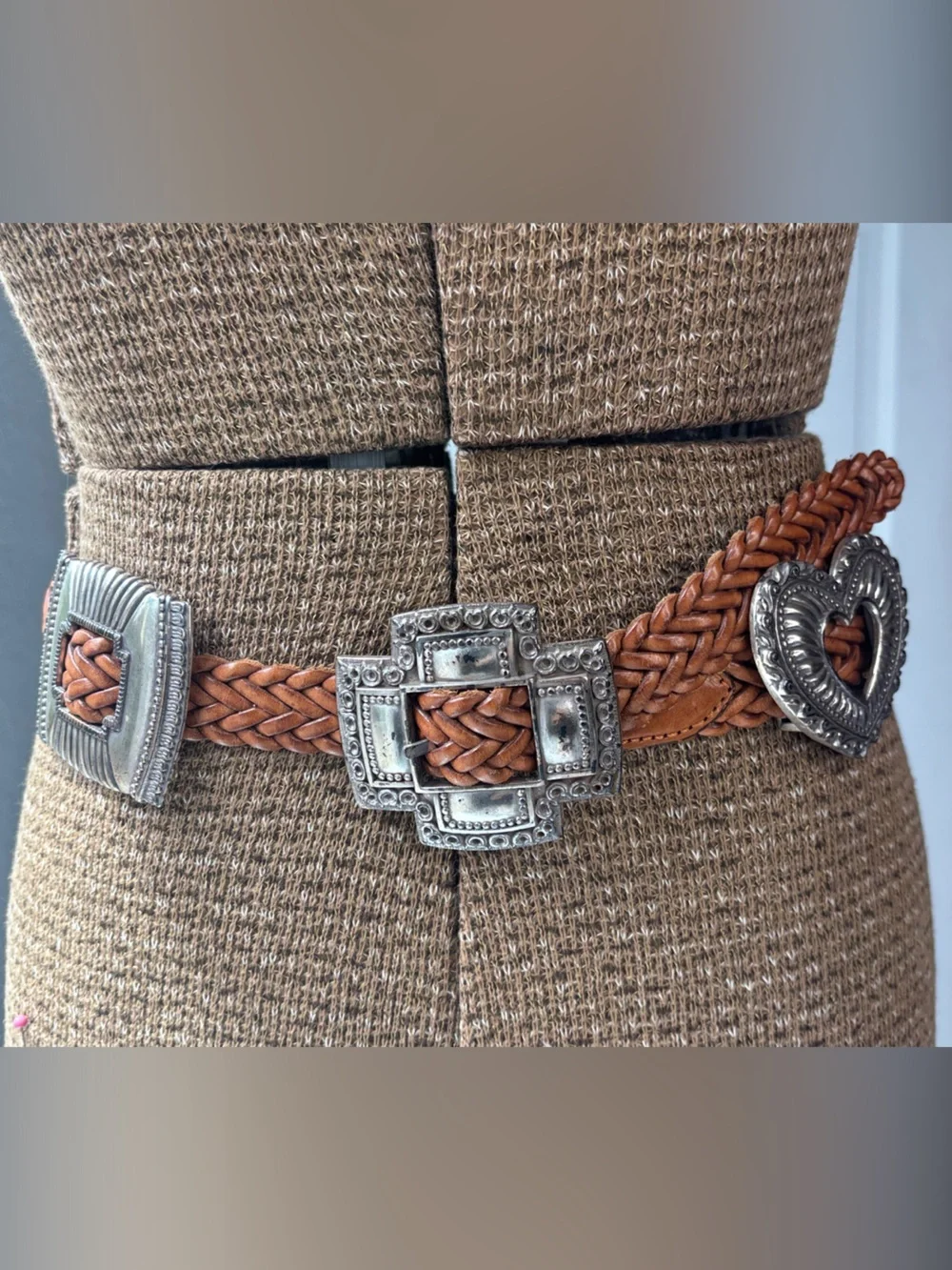 VTG 1994 Brighton Tan Braided Leather Belt with Silver Heart + Cross Conchos
